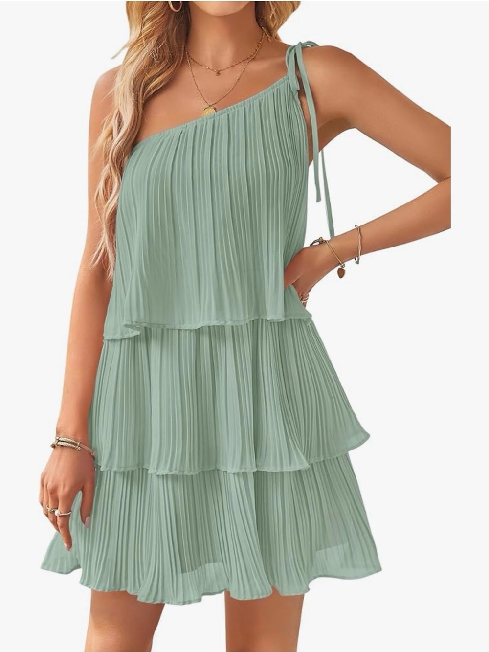 One-Shoulder Sage Green Tiered Pleated Dress with Tie Strap
